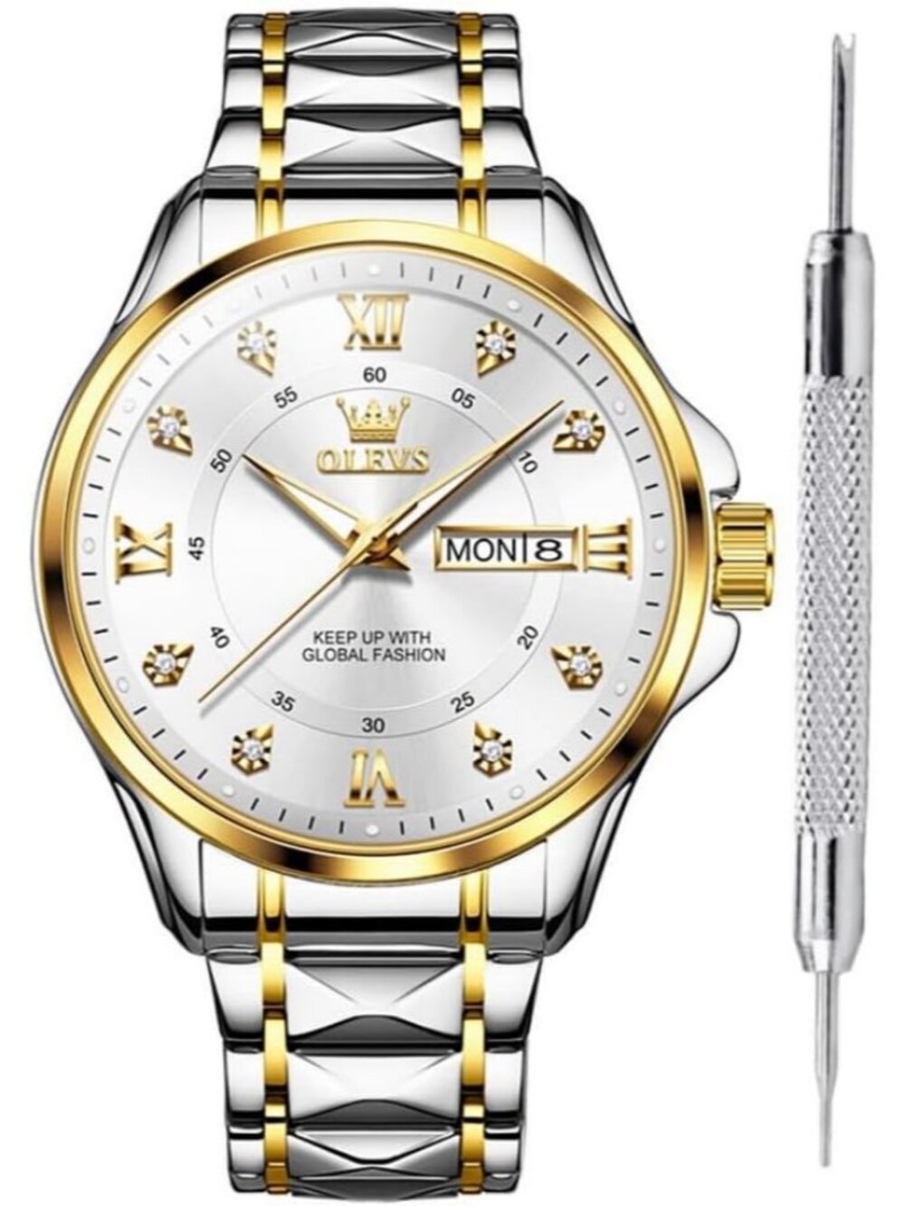 Olevs Men's Silver Gold Stainless White Face Analog Waterproof Luminous Watch